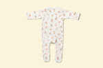 Back of baby rompersuit with pink alphabet pattern